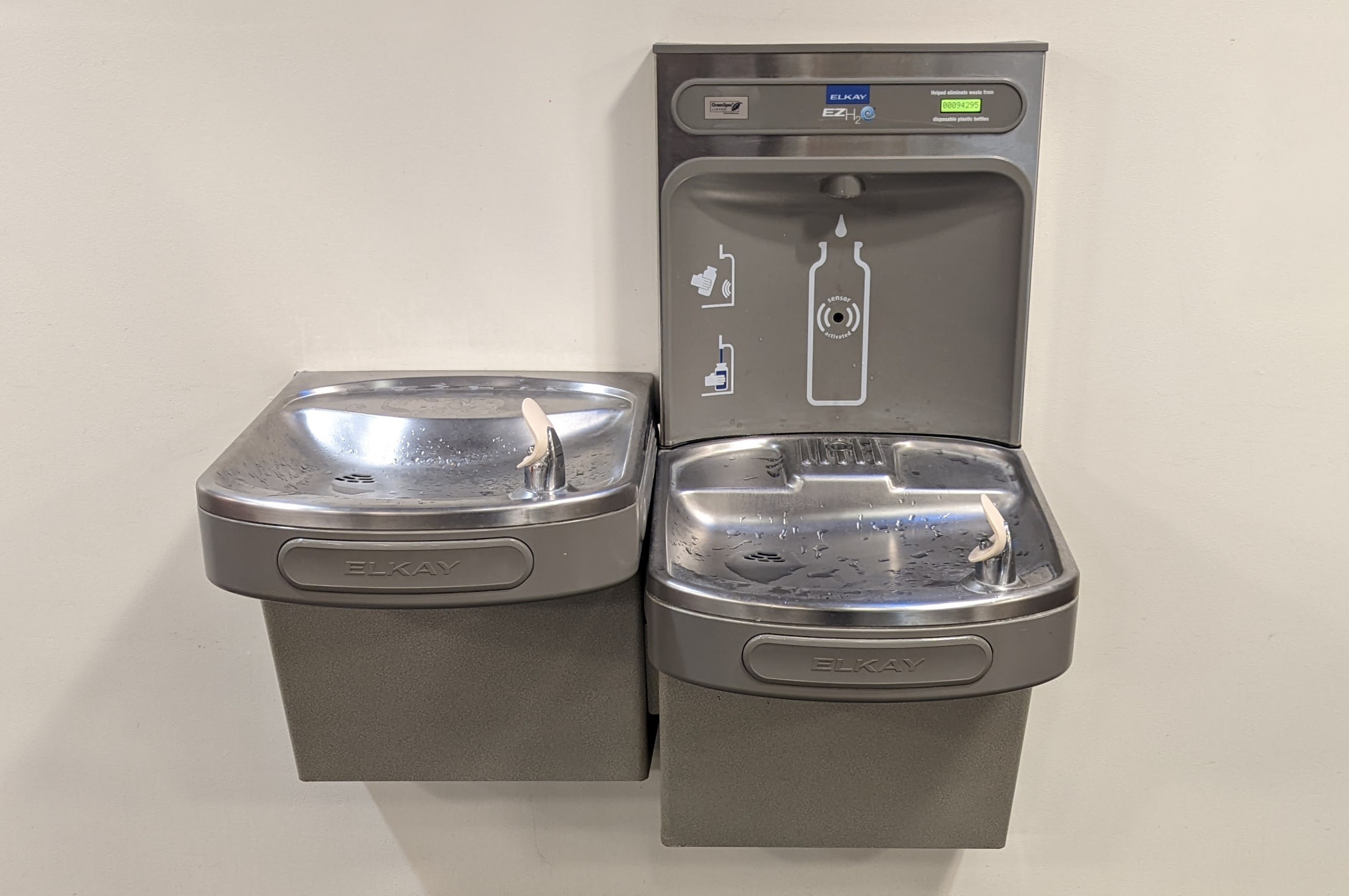 Elkay waterfountain with beautiful lines, amazing water flow, hi-tech water-bottle counter (note this particular unit has saved 94,295 water bottles), and more!