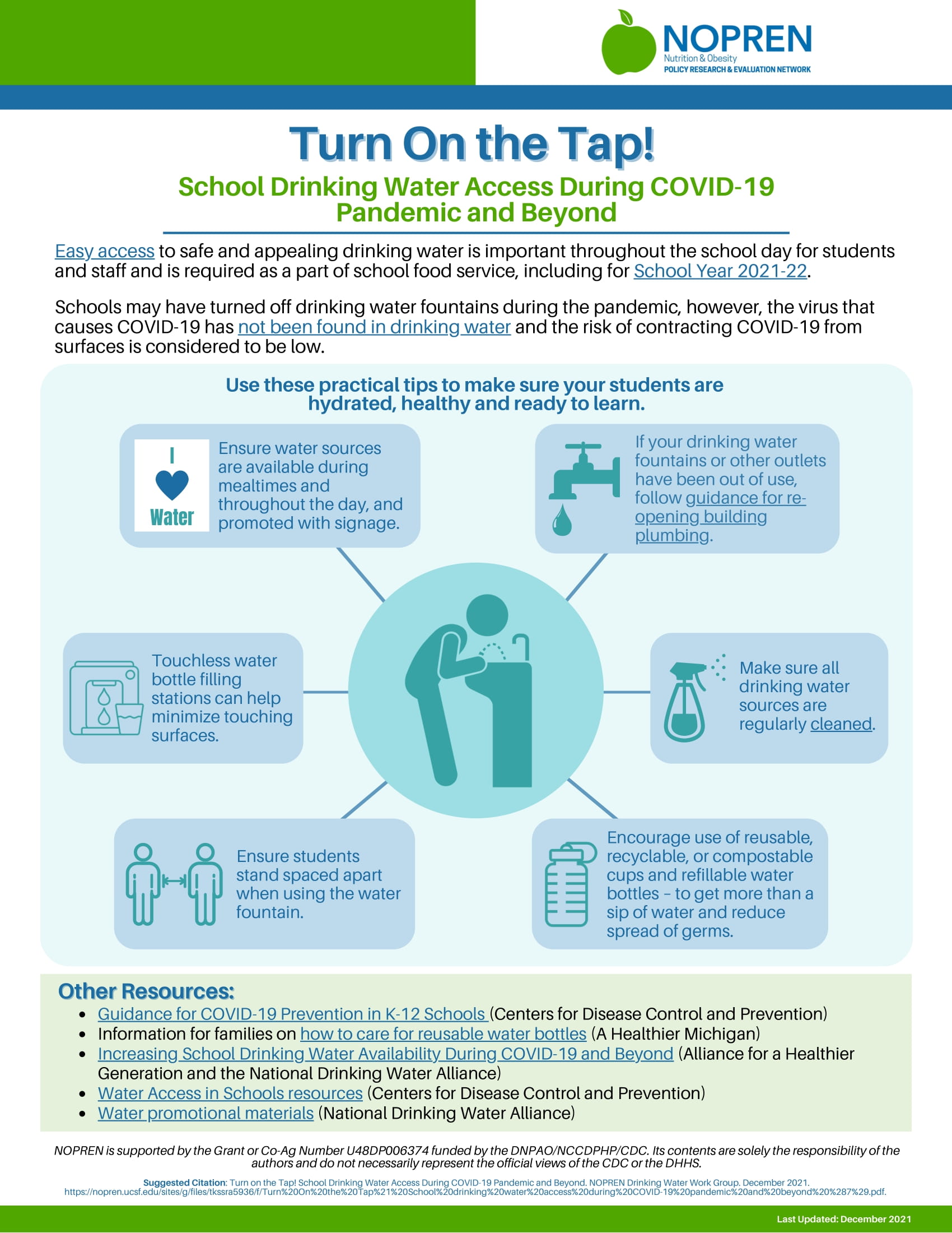 Infographic that explains, water is 
            important for all and that schools could have possibly turned off their waterfountains. It notes that 
            students should remain 6 ft apart, waterfountains should be cleaned, touchless waterbottle-filling 
            stations are available. It also says to be vocal about having waterfountains so people remember 
            to use them and encourages people to use waterbottles. It also provides a resource for those who 
            have turned off their waterfountains on turning them back on again ("turning on" plumbing is a 
            rather complicated progress that requires much care).